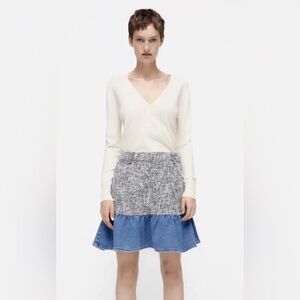 ZARA Denim Tweed Combination Ruffle Hem Flounce Mini Skirt Size S Side Zipper